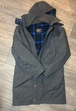 Vintage London Fog Hooded Parka Jacket Gray Blue Plaid Flannel Lined Coat
